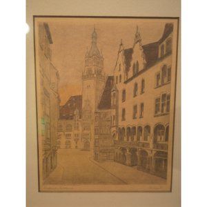Vintage 1940's Artist Signed Etching from Hudson's Old Towne Original Art Scene